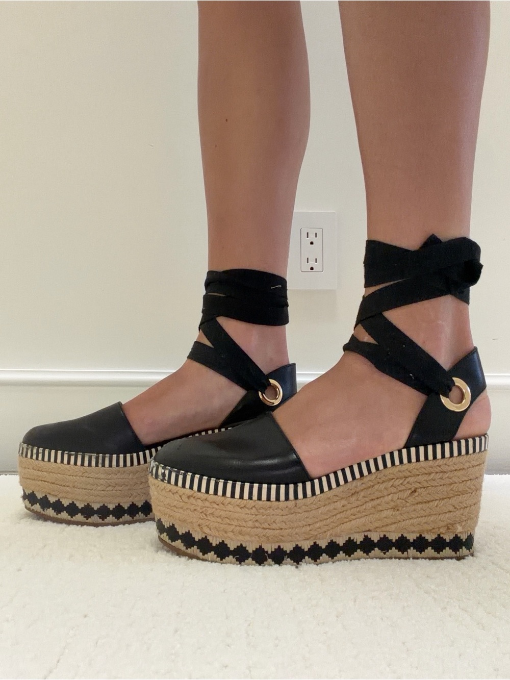 Tory Burch Black Espadrille Platform Wedge with Ankle Tie